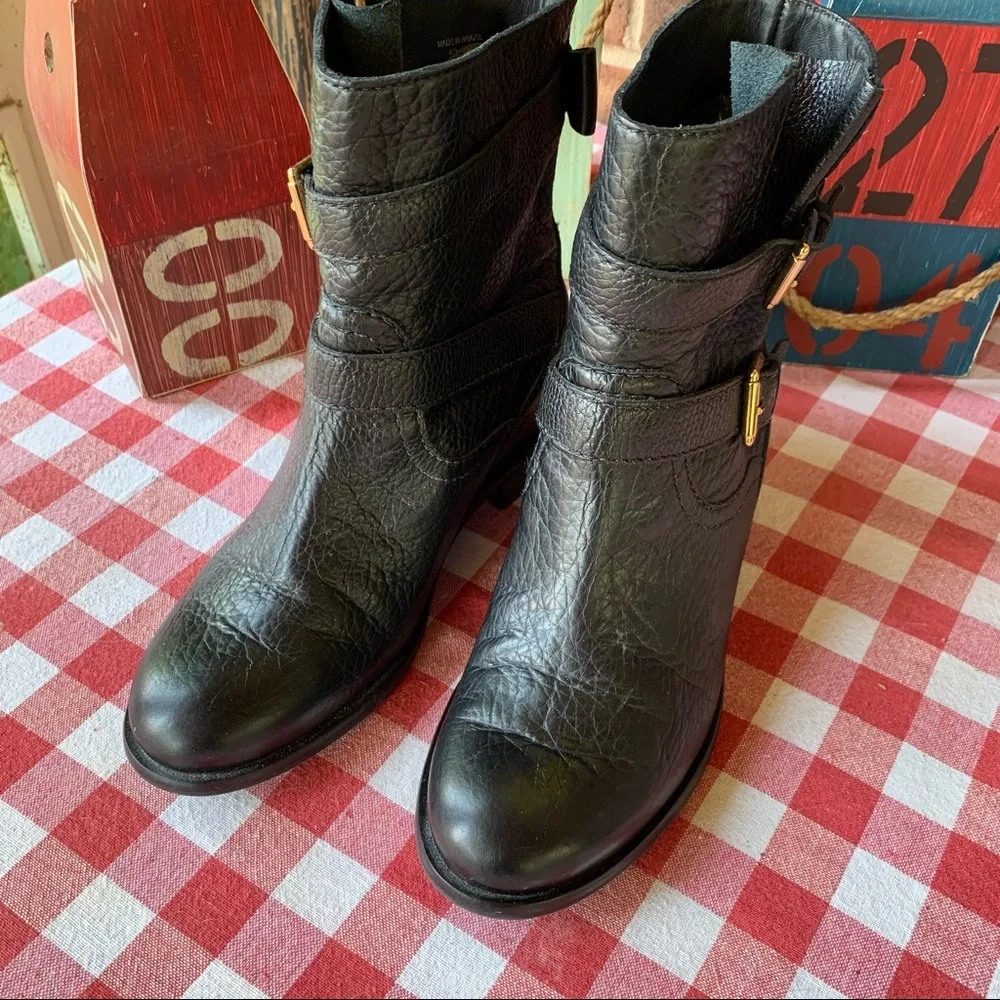 KATE SPADE Luxury Black Pebbled Leather Sabina Double Buckle Moto Boots, 7M
